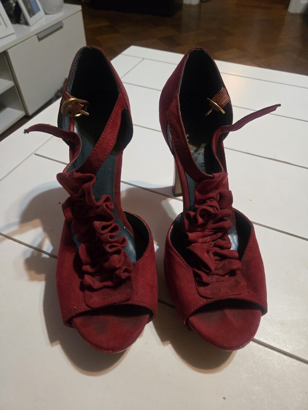 Vintage Nine West Women’s Red Ruffle Peep-Toe Heels Hp🔥🔥🔥